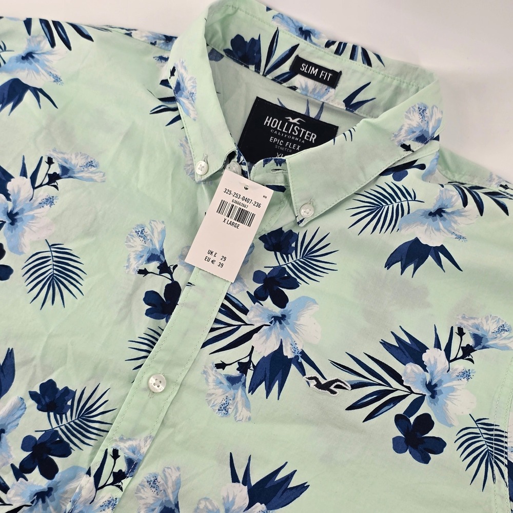 Hollister Button Down Shirt Mens XL Green Blue Floral Tropical Epic Flex Slim
